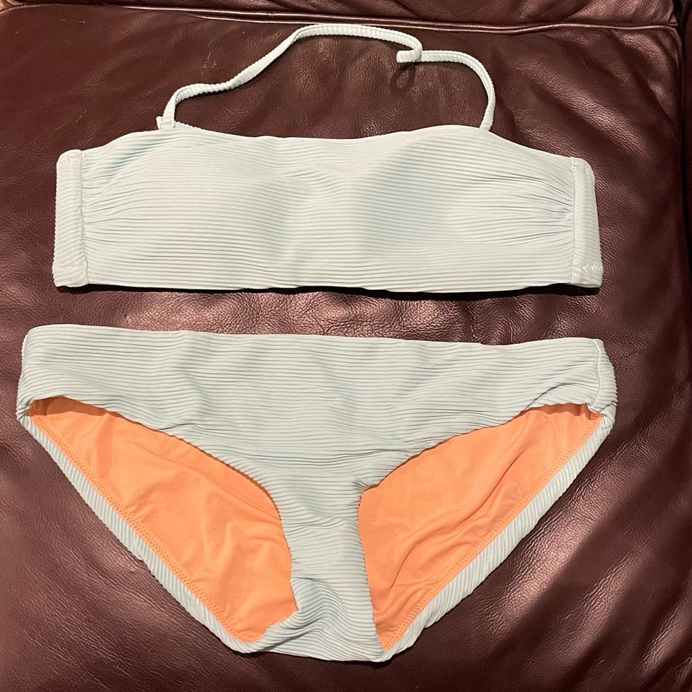 J Crew Rib Bandeau Top with Back Tie Surf Hipster Bikini Bottom Set Medium/Large
